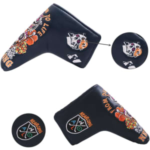 A black custom blade putter cover featuring colourful skull and floral designs, with a logo displayed.