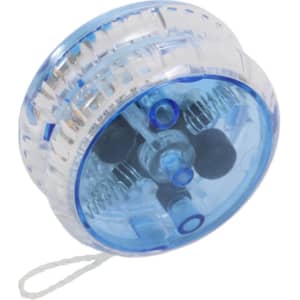 A blue translucent yoyo with internal light features and a string for playing.