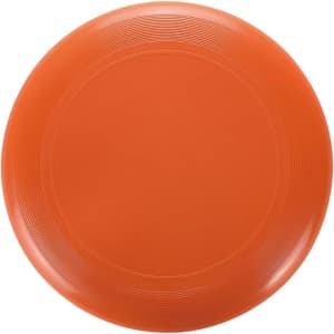 An orange frisbee with a smooth surface and concentric circle patterns around the edge, featuring a logo.