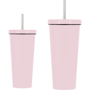 A drink bottle set featuring two pink double wall stainless steel tumblers with straws and a logo.