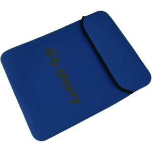 A blue tablet PC bag with a flap and a logo, featuring a sleek and minimalist design.