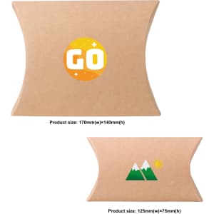 A small brown Kraft pillow box with a logo, featuring a smooth, curved design and dimensions of 125 x 75 x 30mm.