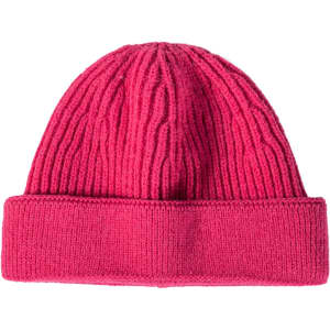 A round beanie in bright pink, featuring ribbed texture and a folded cuff at the bottom.