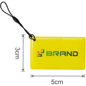 A yellow NFC epoxy square tag with a black strap and a logo, measuring 5cm by 3cm.