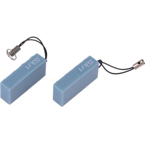 A blue brick-shaped flash drive with a lanyard attachment, featuring a logo on the side.