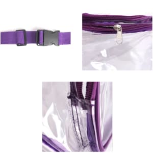 A clear fanny pack in transparency with purple accents, featuring a zipper and adjustable buckle.