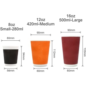 Three compostable paper cups in black, orange, and maroon, with double wall corrugated design and size dimensions displayed.