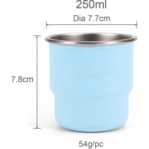 A blue 250ml single wall stainless steel round bottom camping mug with a metallic rim and a logo on it.