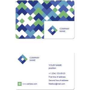 A NFC PVC business card featuring a geometric pattern of blue and green shapes, with a logo and contact details on both sides.
