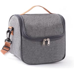 A grey customizable lunch bag with a brown handle and a zipper closure, featuring an adjustable strap.