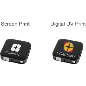 A black charging device with two USB ports, featuring different printed designs on each side.