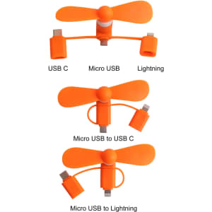 An orange 3 in 1 smartphone fan with USB C, Micro USB, and Lightning connectors, featuring rotating blades.