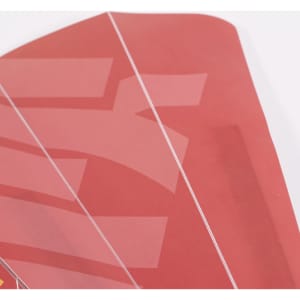 A red plastic hand fan with a glossy finish, featuring a logo.