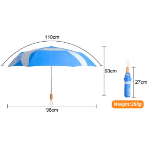 A lightweight blue umbrella with a wooden handle, measuring 110cm across when open and 27cm when closed.