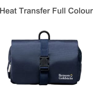 A navy folding travel toiletry bag with a strap, a hook, and a branding logo. It features zippered compartments.