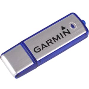 A silver and blue flash drive with a metallic finish and a logo.