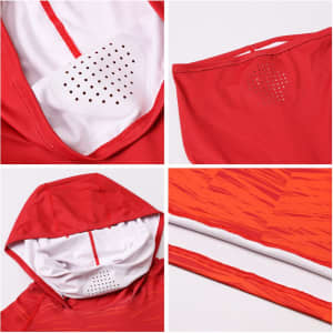 A red men's polyester spandex hoodie featuring mesh detailing in the hood and hem. It includes a logo.