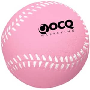 A pink baseball-shaped stress reliever with white stitching and a logo. Ideal for fun and stress relief.