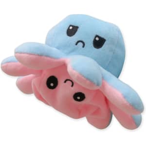 A large reversible octopus plush toy in blue and pink, featuring cute expressive faces. It has a simple logo.