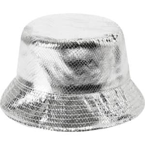 A shiny silver bucket hat featuring a textured surface and an inner lining. The hat has a logo on the side.