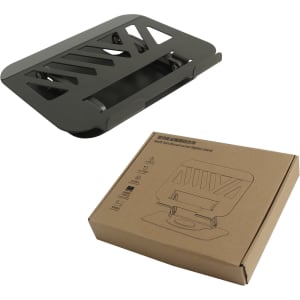 A green foldable metal laptop stand displayed with its packaging. The box features a logo and simple graphics.