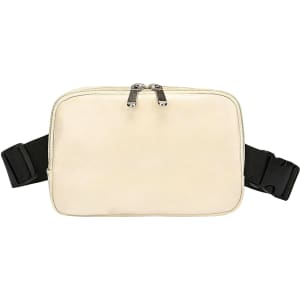 A cream polyurethane fanny pack with a zippered closure and adjustable black straps. It features a logo on the surface.