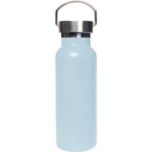 A drink bottle in light blue with a stainless steel lid and a handle, designed for keeping beverages insulated.