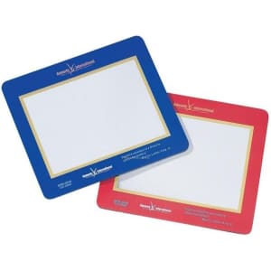 A set of two mouse mats featuring blue and red colours, each with a blank area and a logo.
