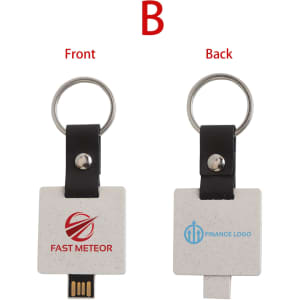 An Eco Mini Flash Drive Keychain featuring a square design, with a silver keyring and dual branding on each side.