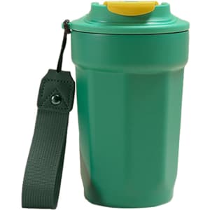 A drink bottle featuring a green double wall design, with a yellow lid and a strap for easy carrying.