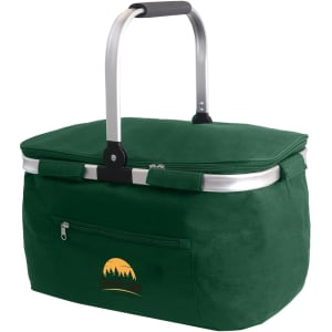 A green picnic cooler basket with a zippered pocket and a retractable handle. It features a logo on the front.