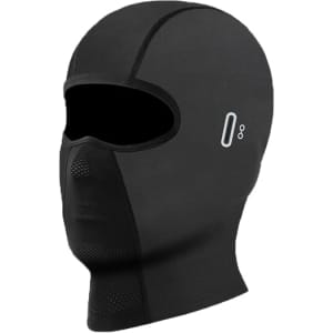 A black breathable balaclava cycling face mask with a textured design and a logo on the side.