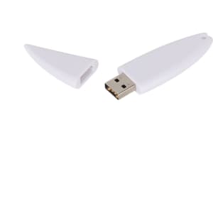 A surfboard-shaped flash drive in white, with a removable cap revealing the USB connector.