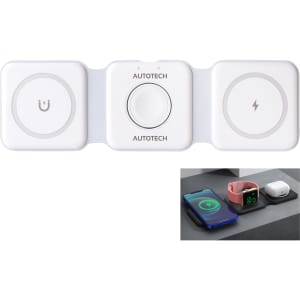 A white 3-in-1 foldable MagSafe wireless charger with ports for charging phones and accessories, featuring a logo.