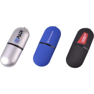 Three oval-shaped flash drives in silver, blue, and black, each with a logo and a metallic finish.
