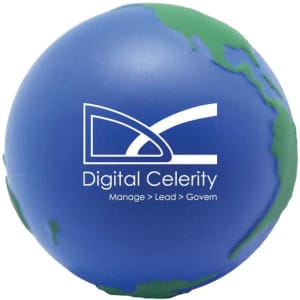 A blue and green Earth-shaped stress reliever with a logo on it, designed for stress relief and fun.