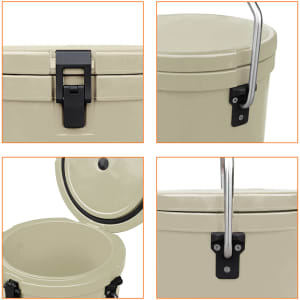 A 12L ice bucket in cream colour, featuring a handle and a secure latch on the lid. The product includes a branding logo.