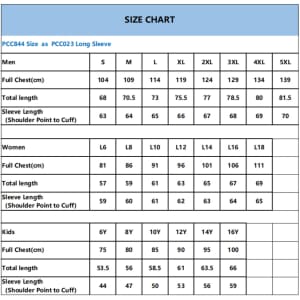 A size chart for a long sleeve shirt, detailing measurements for men, women, and kids in centimetres.