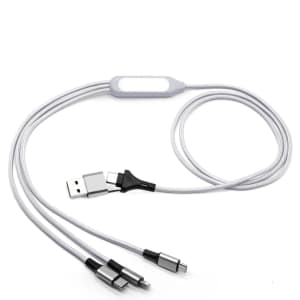 A 6-in-1 night light charging cable in white, featuring multiple connectors and a USB end, with a logo present.