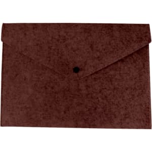 A felt file folder in a rich brown colour with a flap closure and a button fastening, featuring branding.