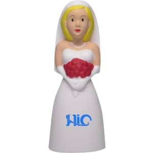 A white wedding cake topper shaped stress reliever features a bride with blonde hair and a red bouquet. It includes a logo.