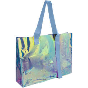 A transparent tote bag with an iridescent finish and light blue handles, featuring a logo.