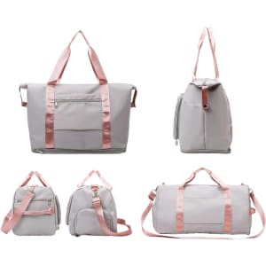 A grey foldable sports duffle bag with pink straps, featuring multiple angles and a front pocket.