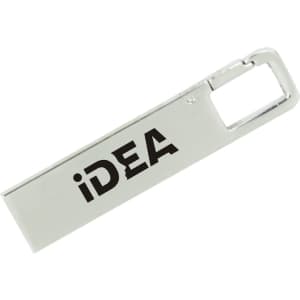 A silver flash drive with a sleek design and a logo.