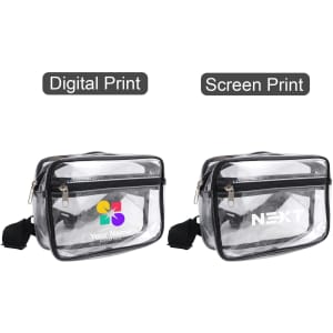 A clear fanny pack with a black strap, featuring two zippered compartments and space for logo printing.