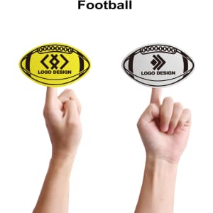 Two foam mitts in yellow and white, shaped like footballs, held up by hands. Each mitt features a logo design.