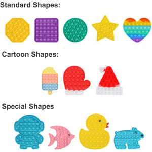 A collection of colourful Pop It fidget toys in various shapes, including stars, hearts, and animals, with a logo present.