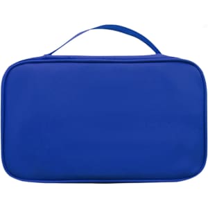 A blue first aid kit bag with a handle, featuring a smooth exterior and no visible contents.