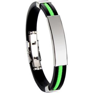 A silicone bracelet featuring a glossy black band, green accents, and a shiny metallic clasp.