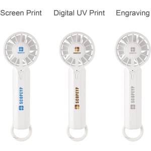 A portable handheld fan in white, featuring three design options with branding, including screen print, UV print, and engraving.